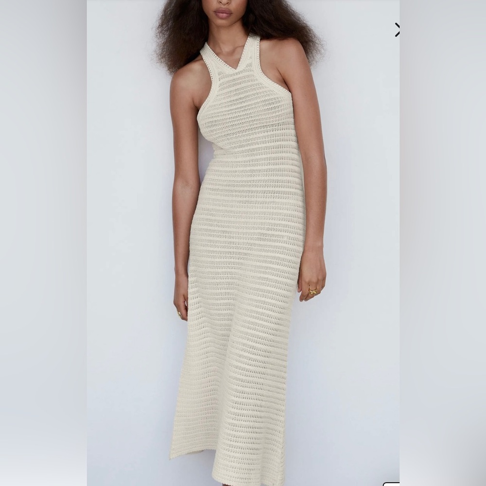 MANGO Open Stitch Cotton Blend Midi Dress/ New
